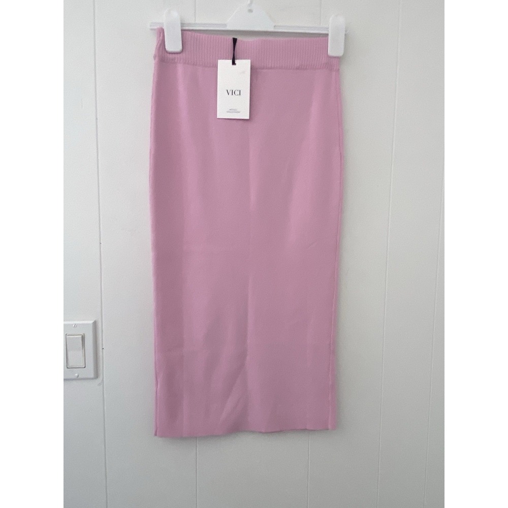 VICI Lilac Purple Ribbed Knit Midi Pencil Skirt Front Slit Small NWT - Picture 2 of 6